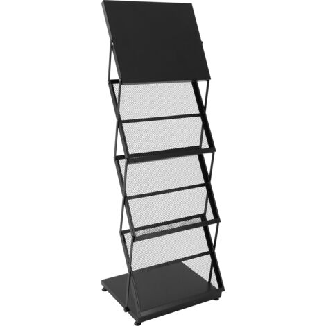 Présentoir double face à trois niveaux, porte-brochures, noir, comptoir pliable mobile en métal, adapté au rangement de catalogues de produits, dépliants ou brochures. (1/5)