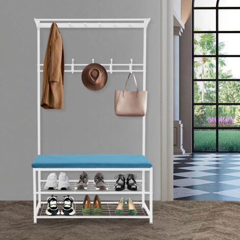 Porte-vêtements avec crochets, porte-vêtements métallique 100 kg, porte-manteau avec banc et 5 crochets amovibles, armoire de chambre avec étagère à chaussures, bleu, 100 x 33 x 170 cm (1/5)