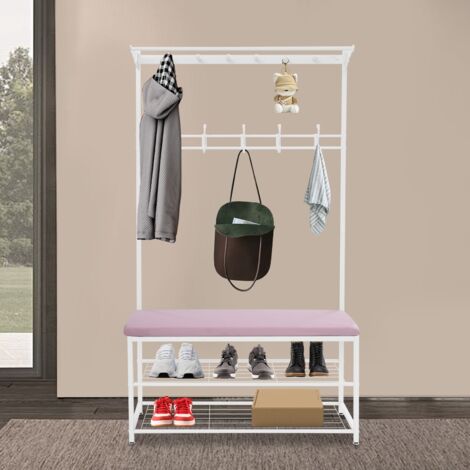 Porte-vêtements avec crochets, porte-vêtements métallique 100 kg, porte-manteau avec banc et 5 crochets amovibles, armoire de chambre avec étagère à chaussures, rose, 100 x 33 x 170 cm (1/5)