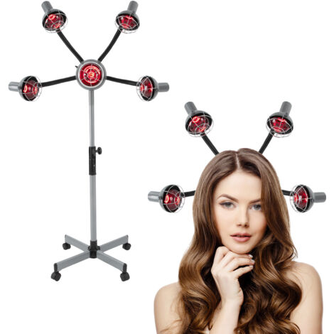 Lampe chauffante infrarouge à 5 têtes, sèche-cheveux réglable en hauteur, tête chauffante de qualité professionnelle 750 W, équipé de 4 roulettes pivotantes, blanc
