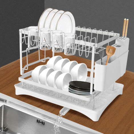 Égouttoir à vaisselle à deux niveaux, égouttoir à vaisselle, égouttoir de cuisine et étagère de rangement, 42 x 30 x 29 cm, blanc