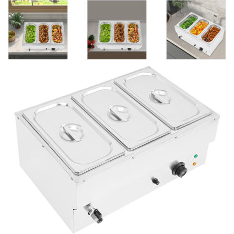 Réchauffeur électrique professionnel pour aliments 220 V : cuiseur vapeur de comptoir en acier inoxydable pour buffet, avec 3 bacs, régulation de la température et couvercle