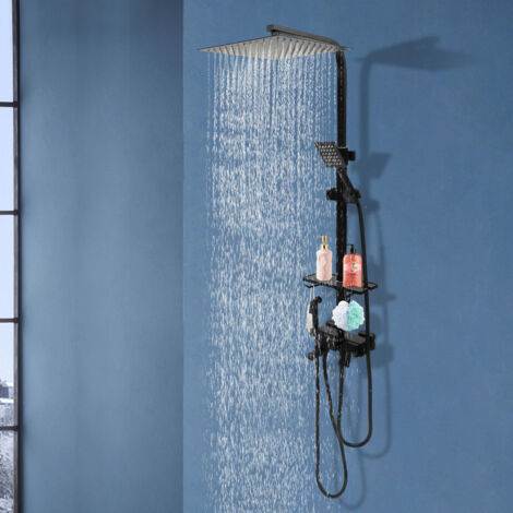 Système de douche, ensemble de douche à effet pluie, ensemble de douche pour salle de bains, mitigeur de douche noir, avec pomme de douche pour eau chaude et froide et étagère, 30 x 30 cm