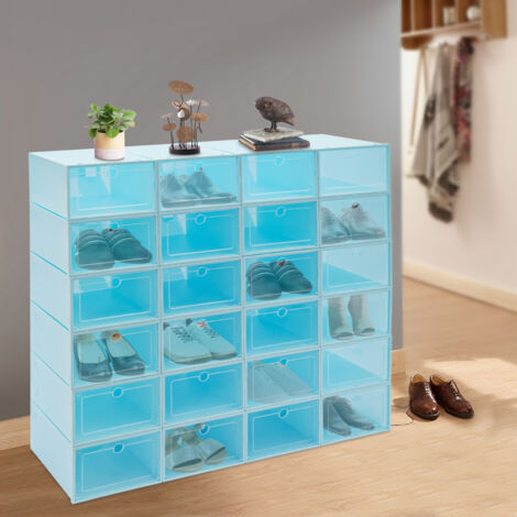 24 boîtes à chaussures, empilables et pliables, bleues, avec couvercle, pour hommes et femmes, dimensions : 33 x 23 x 14 cm (1/5)