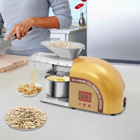 Presse à huile 1800 W, 0-300 °C, électrique, pressage à froid et pressage à chaud automatique des cacahuètes, en acier inoxydable, pour usage professionnel et domestique ( dorée)