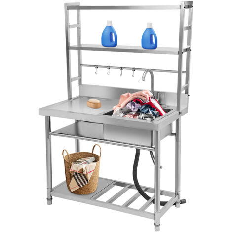Évier de cuisine en acier inoxydable, évier professionnel à cuve unique avec égouttoir et supports pour ustensiles, pour cuisine, garage ou buanderie (cuve à droite) 100 x 50 x 160 cm (1/5)