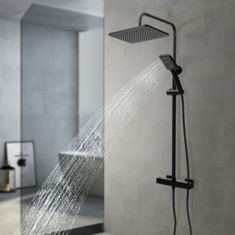 Mitigeur thermostatique carré avec ensemble de douche, ensemble combiné de douche de luxe à effet pluie pour salle de bains, système de douche à effet pluie à fixation murale, noir (1/5)