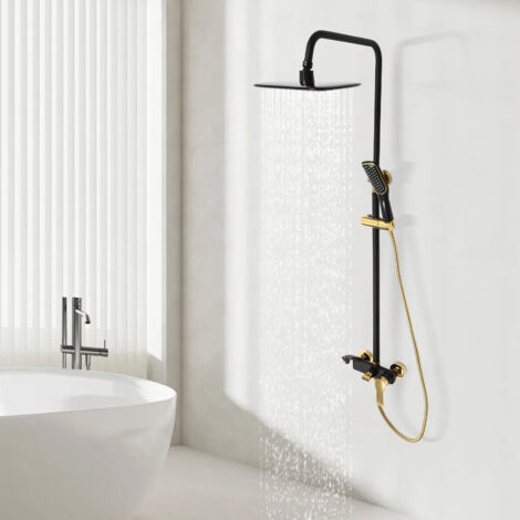 Ensemble de douche avec colonne de douche dorée, robinet, pomme de douche à effet pluie, système de douche comprenant une douchette à main, hauteur réglable, noir