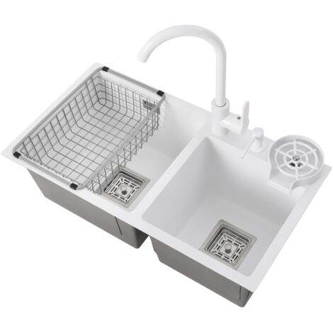 Évier de cuisine blanc à deux cuves, 71 × 38 cm, à encastrer dans le plan de travail, en acier inoxydable, avec robinets d'eau chaude et d'eau froide, panier de filtration et distributeur de savon