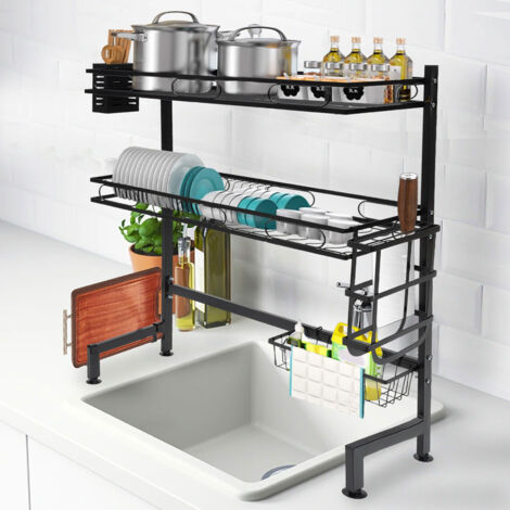 Égouttoir à vaisselle à placer au-dessus de l'évier, étagère de rangement de cuisine à deux niveaux, longueur 62 cm, avec support pour planche à découper et porte-couteaux, noir (1/5)