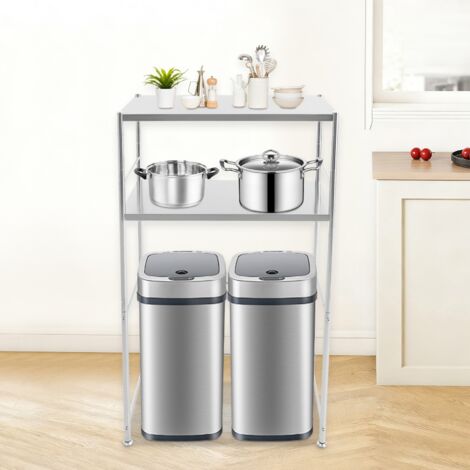 Étagère à deux niveaux en acier inoxydable, 80 x 40 x 135 cm, étagère de rangement pour cuisine, support pour micro-ondes, support pour lave-linge, niveau inférieur ouvert, buanderie (1/5)