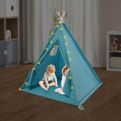 Tente tipi pour enfants – Tente de jeu 100 % coton bleu avec tapis rembourré et lumières en forme d'étoiles, pliable avec sac de transport, tente de jeu d'intérieur pour filles et garçons (1/5)
