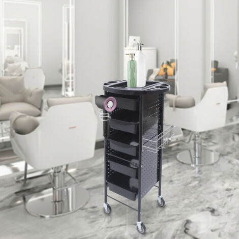 Chariot de coiffure à 6 niveaux, chariot de rangement pour salon de coiffure avec roulettes, support pour sèche-cheveux, 5 tiroirs, chariot de travail, chariot de coiffure et de coloration, 95 x 53 x 