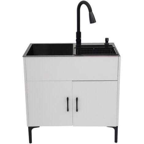 Évier de buanderie 75 x 41 cm avec meuble et robinet à douchette extractible, évier de service en acier inoxydable avec meuble, meuble avec évier pour buanderie ou salle de bains, blanc