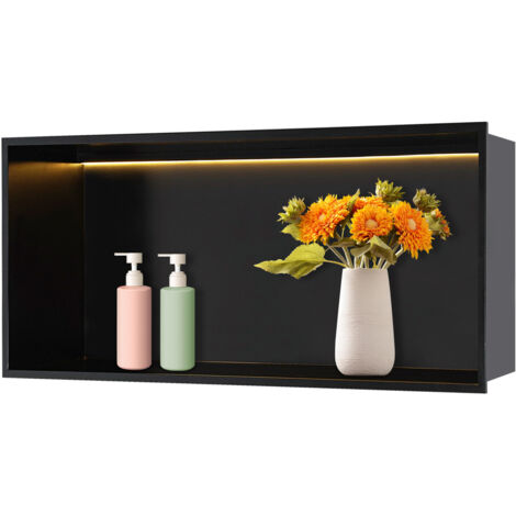Niche de douche en acier inoxydable 27 pouces × 11 pouces, noire, support de douche encastrable avec éclairage LED, douche en niche, niche horizontale, rangement de salle de bain, montage en saillie