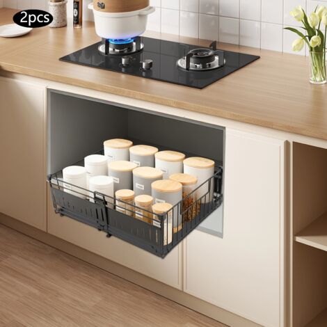 2 tiroirs coulissants, support de rangement coulissant pour armoires de cuisine, support de rangement coulissant pour armoires de cuisine, noir, 39 (profondeur) × 16.5 (hauteur) × 32,5-49.5 (largeur) (1/5)
