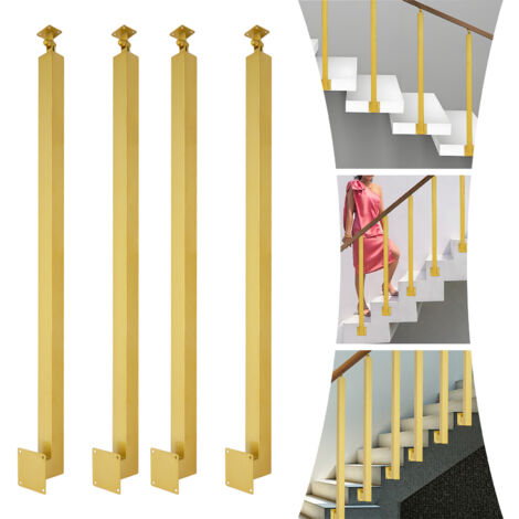 Lot de 4 poteaux de garde-corps carrés dorés de 95 cm (fixation latérale) — Poteaux de garde-corps métalliques réglables à 43°, en fer, adaptés aux terrasses, balcons et escaliers