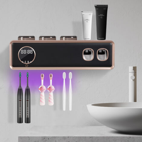 Support de désinfection pour brosses à dents à UV, avec fonction de séchage, distributeur automatique de dentifrice mural, écran tactile LED, 6 emplacements pour brosses à dents, noir (1/5)
