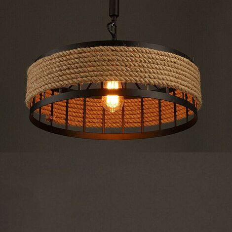 Senderpick – Lustre en corde de chanvre noir – Style vintage élégant – Abat-jour rond 40x25cm – Fixation plafond – Ampoule E27 non incluse