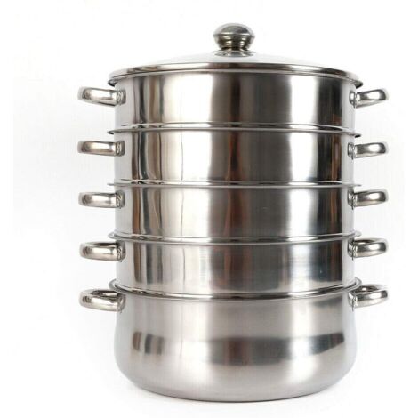 Cuiseur vapeur en acier inoxydable - 5 étages - 5 étages - Couvercle en verre - Pour induction, casseroles électriques, cuisinières à gaz (5 étages, 30 cm