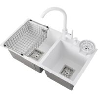 Évier de cuisine blanc à deux cuves, 71 × 38 cm, à encastrer dans le plan de travail, en acier inoxydable, avec robinets d'eau chaude et d'eau froide, panier de filtration et distributeur de savon