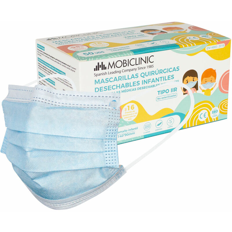 50 Mascarillas infantiles quirúrgicas IIR (o adultos talla XS) 0,14€/ud Sin grafeno Caja 50 uds Mobiclinic