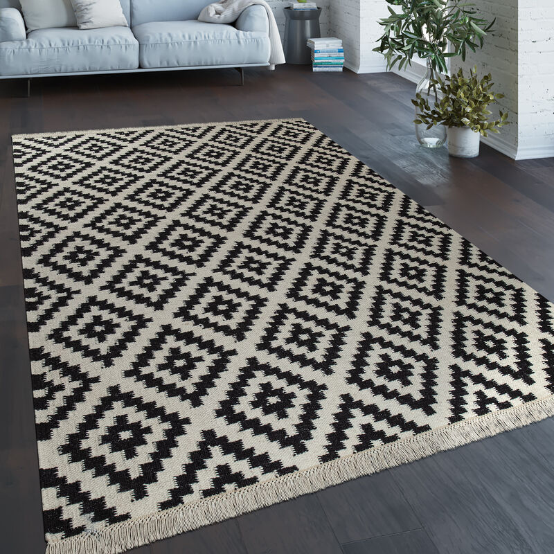 Paco Home Teppich Modern Marokkanische Schwarz cm 60x110 Weiß Handgewebt Muster Fransen Rauten Skandi
