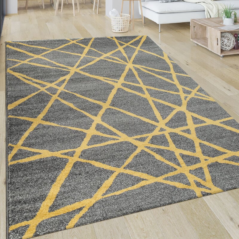Home Abstrakt Paco Kurzflor In Wohnzimmer 60x100 Gestreift Grau Teppich Modern Gelb cm Linien Muster