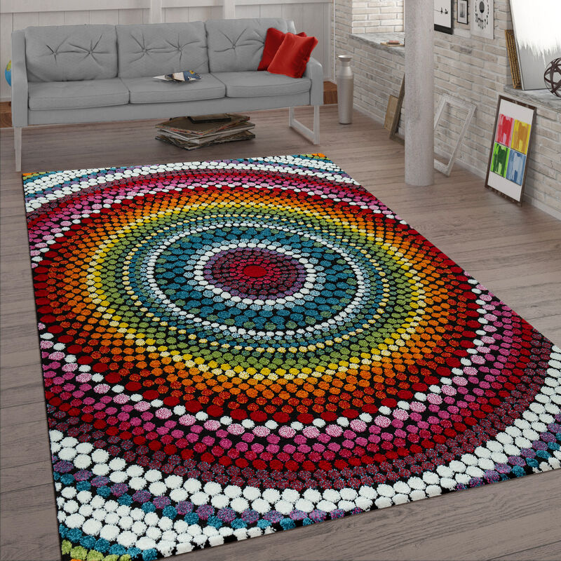 Kurzflor Teppich Bunt Weich Wohnzimmer 3-D Design Mosaik Wellen Muster Retro 