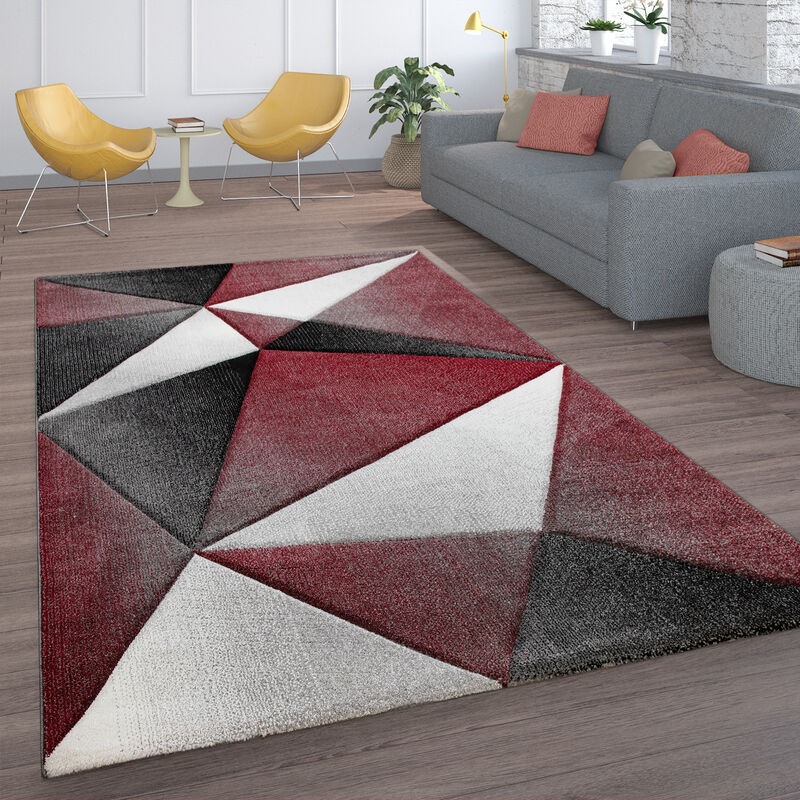 Paco Home Teppich Wohnzimmer Mit Rot 60x110 3D Geometrisches Rauten cm, Optik Muster Modernes Kurzflor