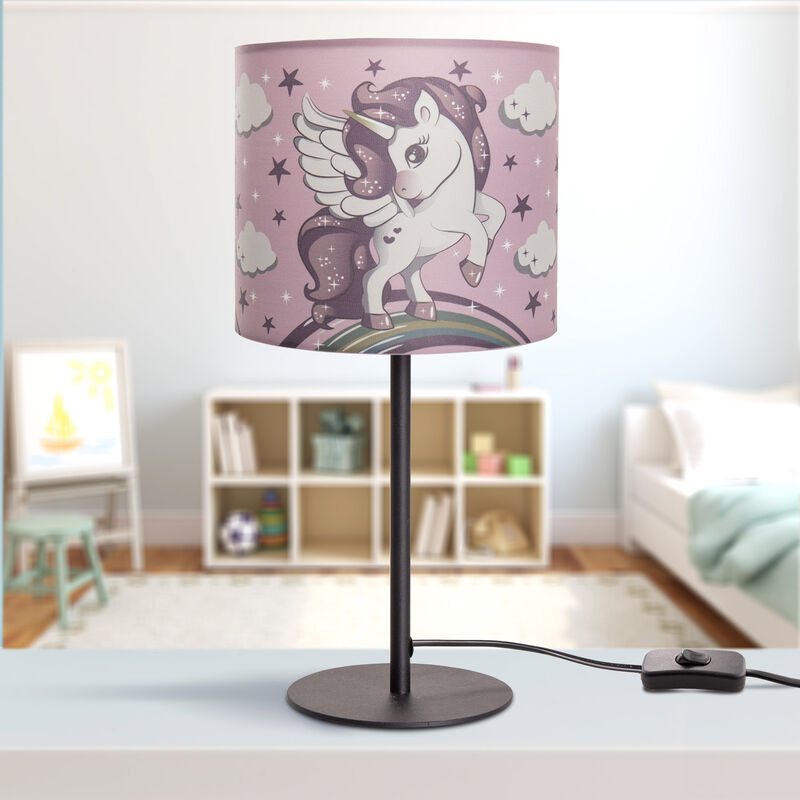 Kinderlampe Schwarz, (Ø18 Mädchen Tischleuchte Paco Kinderzimmer, E14 cm) Tischlampe Einhorn Pink Lampe, Home