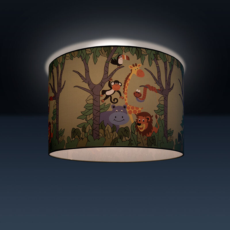 Dschungel-Tiere Paco Home Kinderlampe Deckenlampe LED Pendelleuchte Kinderzimmer Ø45.5 cm Lampentyp: Deckenleuchte Weiß Lampenschirm: Grün E27 