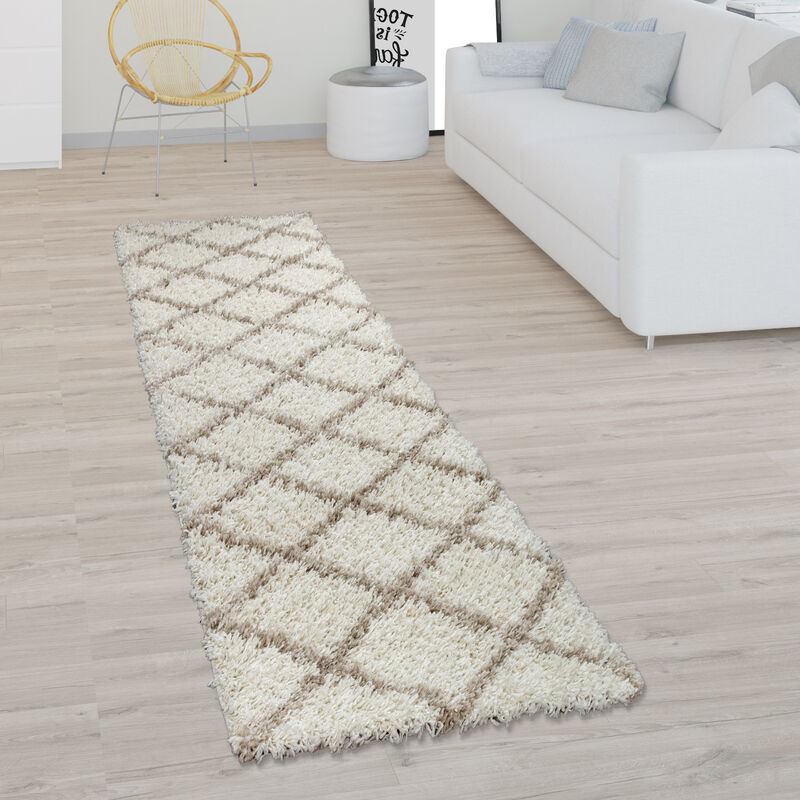Wohnzimmer Rauten 60x100 cm Design Paco Shaggy Mit Home Modern Skandi Hochflor Beige Teppich Muster,