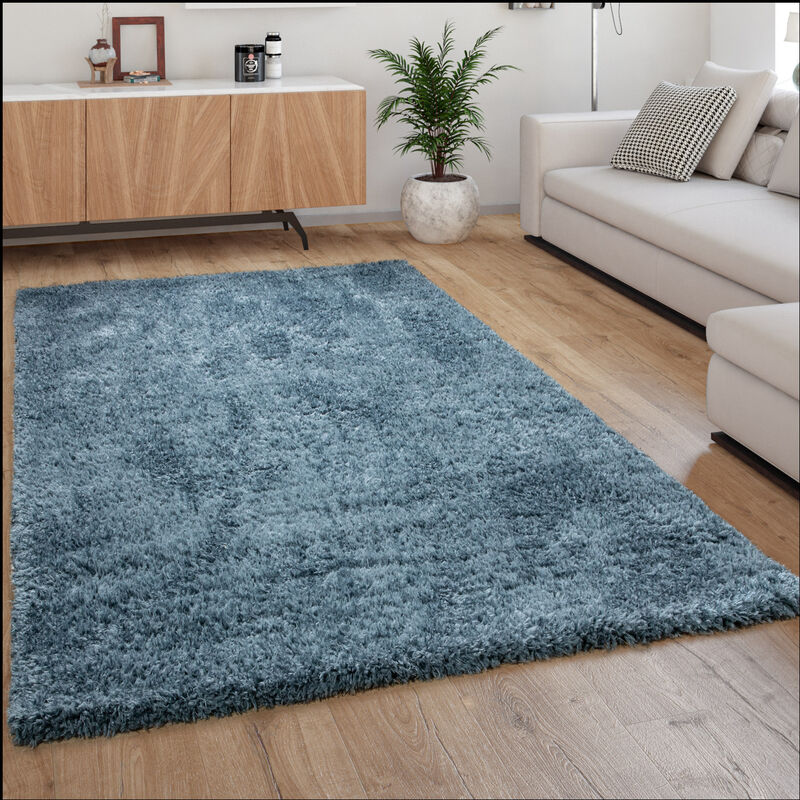 Paco Home Hochflor Teppich Wohnzimmer Shaggy Langflor Weich Modern  Einfarbiges Muster Blau 80 cm Rund