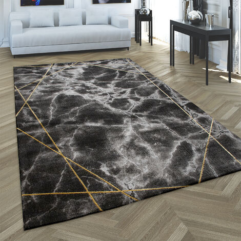 Kurzflor Wohnzimmer Teppich Modern Marmor Design Abstraktes Muster Grau Gold 