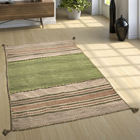 Paco Home Designer Teppich Webteppich Kelim Handgewebt 100% Baumwolle Modern Gemustert Grün 200x290 cm
