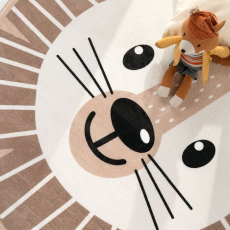 Paco Home Kinderteppich Teppich Rund Kinderzimmer Spielmatte Rutschfest Löwen Beige 80 cm Rund