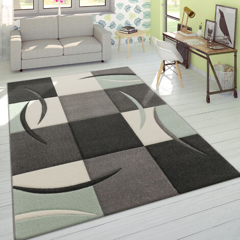 Paco Home Designer Teppich Modern Konturenschnitt Pastellfarben Karo Muster Beige Türkis Grösse:60x110 cm