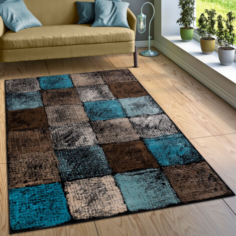Paco Home Designer Teppich Wohnzimmer Ausgefallene Farbkombination Karo Türkis Braun Creme 60x100 cm