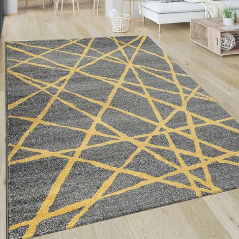 Paco Home Teppich Wohnzimmer Muster Gestreift Modern Kurzflor Abstrakt  Linien In Gelb Grau 60x100 cm