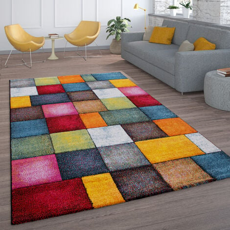Paco Home Kurzflor Wohnzimmer Teppich Bunt Karo Design Vierecke Mehrfarbig  Farbenfroh 60x110 cm