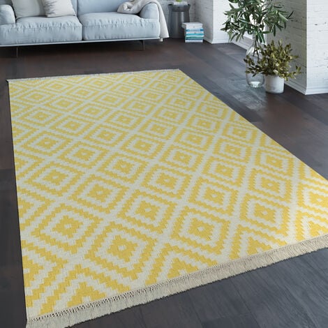 Paco Home Teppich Modern Marokkanische Muster Handgewebt Skandi Rauten  Fransen Gelb Weiß 60x110 cm