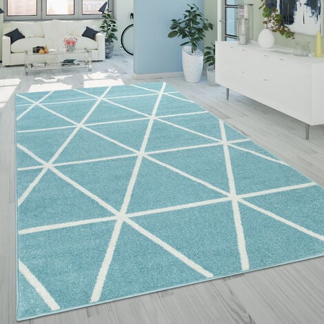 Paco Home Teppich Wohnzimmer Skaninavisches Rauten Design Weich  Pastellfarben Blau Weiß 60x100 cm | Hochflor-Teppiche