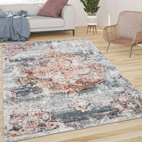 Paco Home Teppich Wohnzimmer Kurzflor Vintage Moderne Orient Optik Abstrakt Gau Rot Gelb 60x100 cm