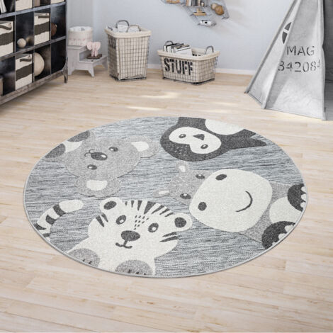 Paco Home Kinderteppich Kinderzimmer Outdoorteppich Rund Spielteppich Modern Tiere Grau Ø 120 cm Rund