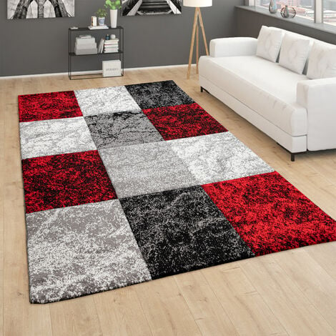 Paco Home Teppich Wohnzimmer Kurzflor Geometrisches Muster Kariert 3D Design  Rot Grau 80x150 cm