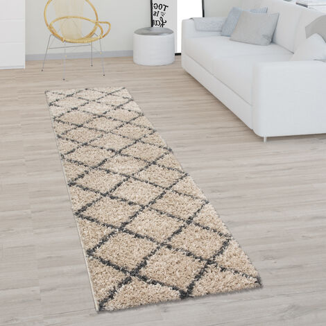 Paco Home Hochflor Teppich Wohnzimmer Shaggy Skandinavisches Rauten Muster  Beige Grau 60x100 cm