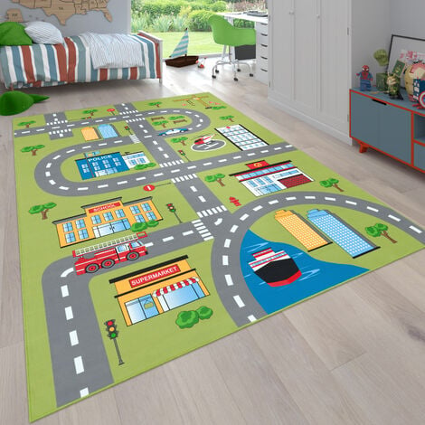 Paco Home Teppich Kinderzimmer Kinderteppich Spielteppich Straßen Und Auto  Motiv Grün Grau 80x150 cm