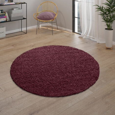 Paco Home Hochflor Teppich Wohnzimmer Shaggy Langflor Modern Einfarbig  Bordeaux Rot 120 cm Rund