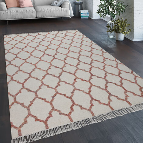 Paco Home Teppich Wohnzimmer Marokkanisches Muster Fransen Handgewebt Wolle Beige Rot 160x230 cm